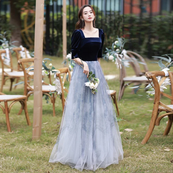 Elegant Navy Blue Suede Prom Dresses 2022 A-Line / Princess Square Neckline 1/2 Sleeves Backless Floor-Length / Long Formal Dresses