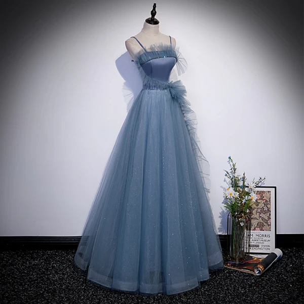 Chic / Beautiful Pool Blue Pleated Prom Dresses 2022 A-Line / Princess Spaghetti Straps Sleeveless Backless Floor-Length / Long Formal Dresses