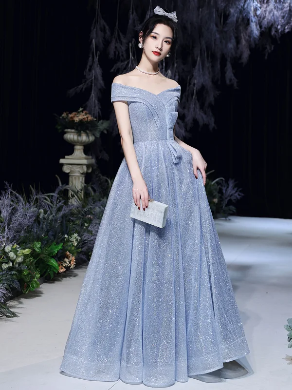 Charming Sparkly Sky Blue Glitter Sequins Prom Dresses 2022 A-Line / Princess Off-The-Shoulder Bow Short Sleeve Backless Floor-Length / Long Formal Dresses