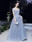 Charming Sparkly Sky Blue Glitter Sequins Prom Dresses 2022 A-Line / Princess Off-The-Shoulder Bow Short Sleeve Backless Floor-Length / Long Formal Dresses