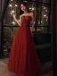 Chic / Beautiful Burgundy Prom Dresses 2022 A-Line / Princess Strapless Sleeveless Backless Floor-Length / Long Formal Dresses