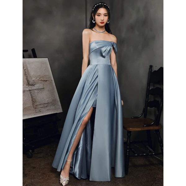 Classy Sky Blue Satin Prom Dresses 2022 A-Line / Princess One-Shoulder Short Sleeve Backless Floor-Length / Long Formal Dresses