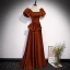 Elegant Brown Satin Prom Dresses 2022 A-Line / Princess Square Neckline Puffy Short Sleeve Bow Backless Floor-Length / Long Formal Dresses