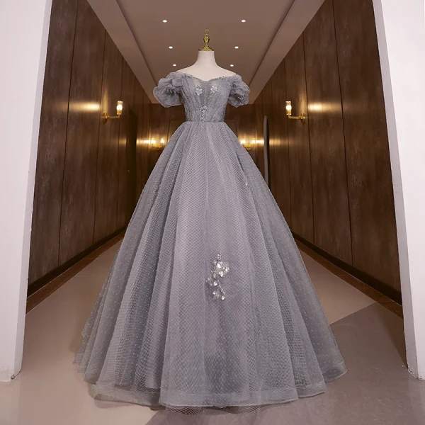 Élégant Gris Paillettes Robe De Bal 2022 Princesse De l'épaule Appliques Gonflée Manches Courtes Dos Nu Longue Robe De Ceremonie