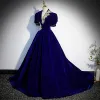 Vintage / Retro Royal Blue Suede Prom Dresses 2022 Ball Gown V-Neck Puffy Short Sleeve Rhinestone Lace Flower Backless Floor-Length / Long Formal Dresses