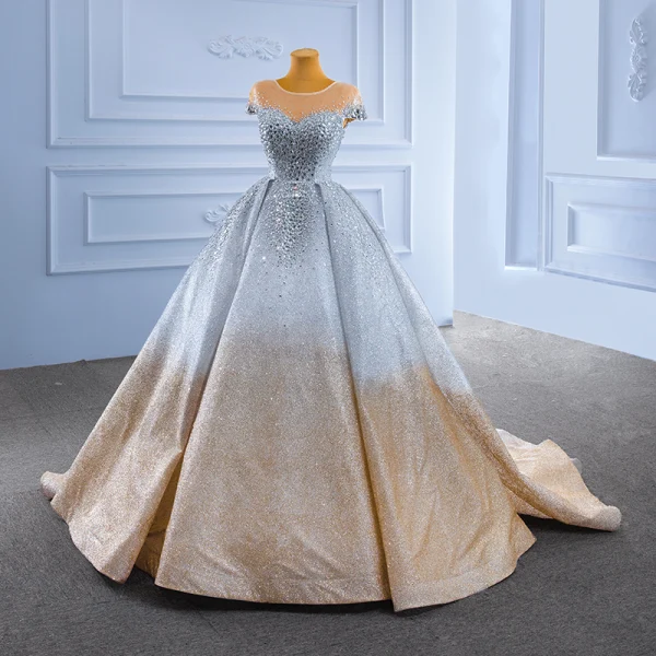 High-end Silver Gradient-Color Wedding Dresses 2022 Ball Gown Scoop Neck  Handmade Beading Rhinestone Sequins Short Sleeve Chapel Train Wedding