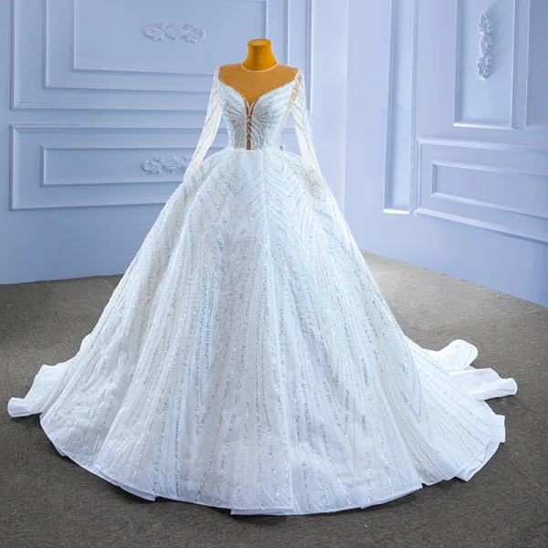 High-end Luxury / Gorgeous White Handmade  Beading Rhinestone Sequins Wedding Dresses 2022 Ball Gown Scoop Neck Long Sleeve Chapel Train Wedding