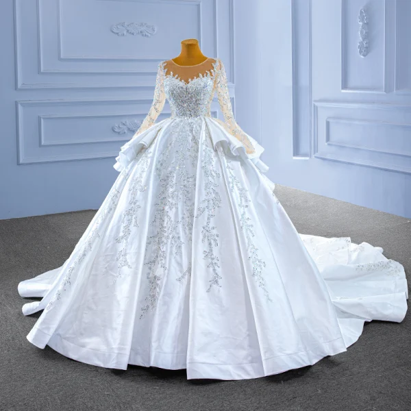 Luxury / Gorgeous High-end Handmade  Beading Pearl Sequins White Wedding Dresses 2022 Ball Gown Cascading Ruffles Scoop Neck Long Sleeve Royal Train Wedding