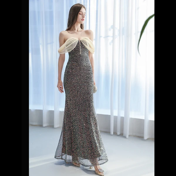 Sexy Multi-Colors Sequins Evening Dresses 2022 Trumpet / Mermaid Off-The-Shoulder Sleeveless Backless Floor-Length / Long Evening Party Formal Dresses