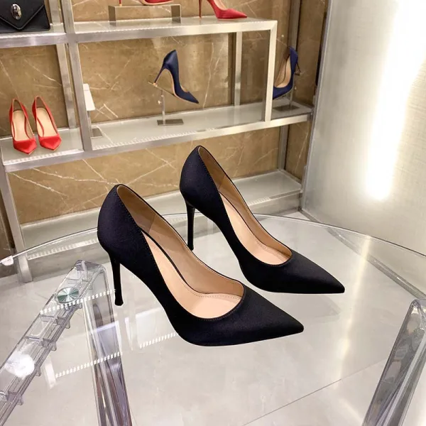 Chic / Beautiful Black Office Leather Satin Pumps 2022 12 cm Stiletto Heels Pointed Toe Pumps High Heels