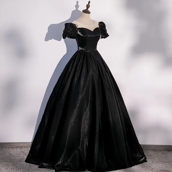 Vintage / Retro Black Satin Prom Dresses 2022 Ball Gown Scoop Neck Puffy Short Sleeve Backless Floor-Length / Long Formal Dresses