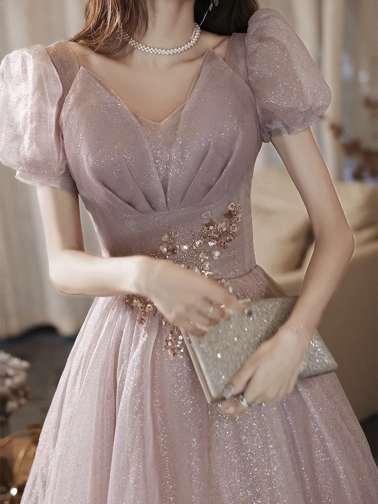 Charming Blushing Pink Glitter Prom Dresses 2022 A-Line Princess V-Neck Beading Sequins