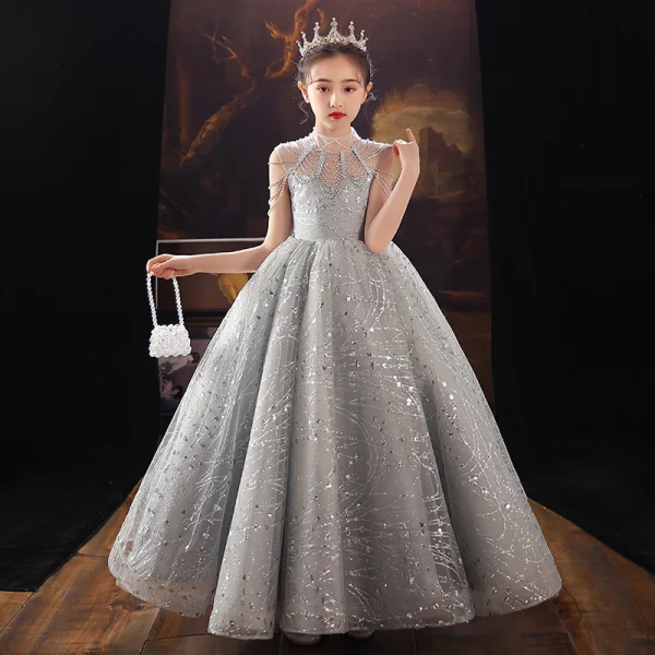 Chic / Beautiful Grey Birthday Flower Girl Dresses 2022 Ball Gown High Neck Beading Rhinestone Sequins Sleeveless Floor-Length / Long Flower Girl Dresses
