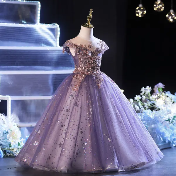 Schöne Traube Perlenstickerei Star Pailletten Geburtstag Blumenmädchenkleider 2022 Ballkleid Rundhalsausschnitt Kurze Ärmel Rückenfreies Lange Blumenmädchenkleider