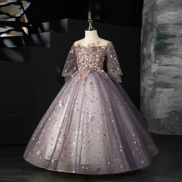 Chic / Beautiful Purple Beading Sequins Birthday Flower Girl Dresses 2022 Ball Gown Scoop Neck Long Sleeve Floor-Length / Long Flower Girl Dresses