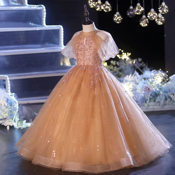 Chic / Beautiful Champagne Birthday Flower Girl Dresses 2022 Ball Gown High Neck Puffy Short Sleeve Beading Sequins Floor-Length / Long Flower Girl Dresses