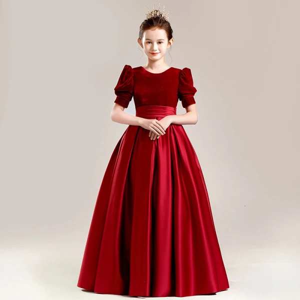 Elegant Black Suede Satin Birthday Flower Girl Dresses 2022 Ball Gown Scoop Neck Short Sleeve Sash Floor-Length / Long Flower Girl Dresses
