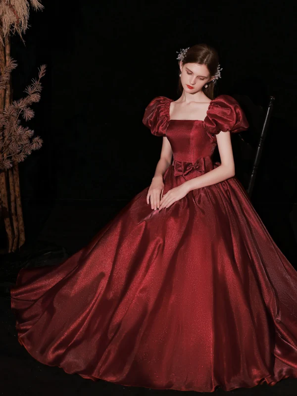 Elegant Burgundy Satin Prom Dresses 2022 A-Line / Princess Square Neckline Puffy Short Sleeve Bow Backless Floor-Length / Long Formal Dresses