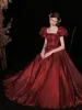 Elegant Burgundy Satin Prom Dresses 2022 A-Line / Princess Square Neckline Puffy Short Sleeve Bow Backless Floor-Length / Long Formal Dresses