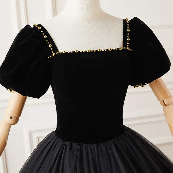 Elegant Black Suede Prom Dresses 2022 Ball Gown Square Neckline Puffy Short Sleeve Appliques Backless Floor-Length / Long Formal Dresses