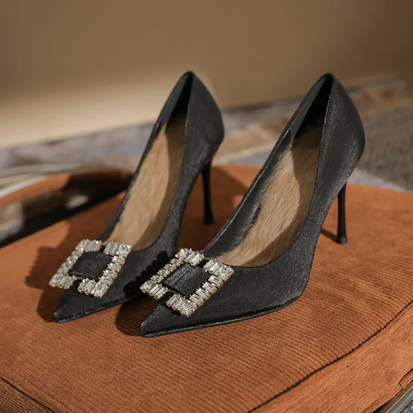Chic / Beautiful Beige Rhinestone Sequins Evening Party Satin Pumps 2022 9 cm Stiletto Heels Pointed Toe Pumps High Heels