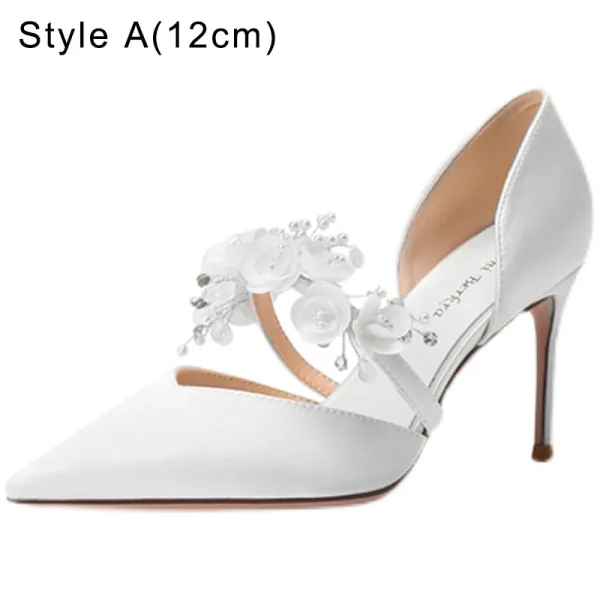 Charming White Pearl Appliques Wedding Shoes 2022 Leather 12 cm Stiletto Heels Pointed Toe Wedding Shoes High Heels