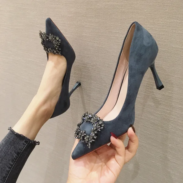 Schöne Schwarz Strass Wildleder Ball Pumps 2022 8 cm Stilettos Spitzschuh Pumps Hochhackige
