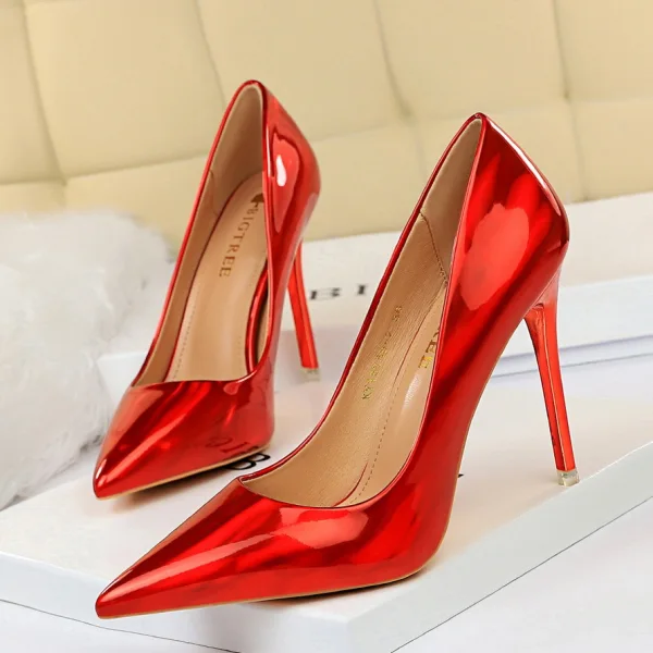 Unusual Black Metal Patent Leather Cocktail Party Pumps 2022 10 cm Stiletto Heels Pointed Toe Pumps High Heels
