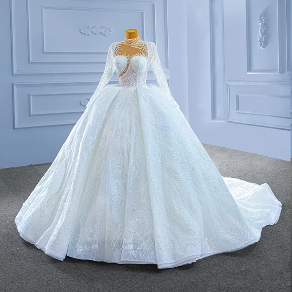 High End Weiß Handgefertigt Perlenstickerei Pailletten Brautkleider / Hochzeitskleider 2022 Ballkleid Stehkragen Lange Ärmel Königliche Schleppe