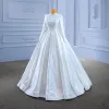 Moslim Elegante Witte Satijn Trouwjurken 2022 Baljurk Hoge Kraag Handgemaakt Kralen Parel Kant Bloem Lange Mouwen Lange Huwelijk
