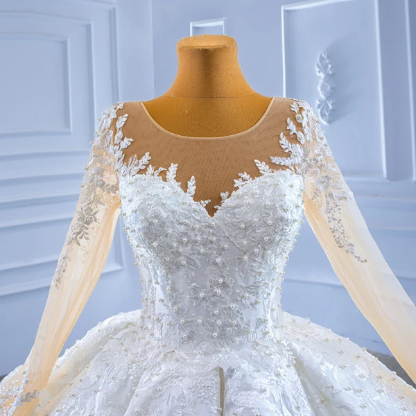 High-end White Beading Pearl Lace Flower Wedding Dresses 2022 Ball Gown Scoop Neck Long Sleeve Court Train Wedding