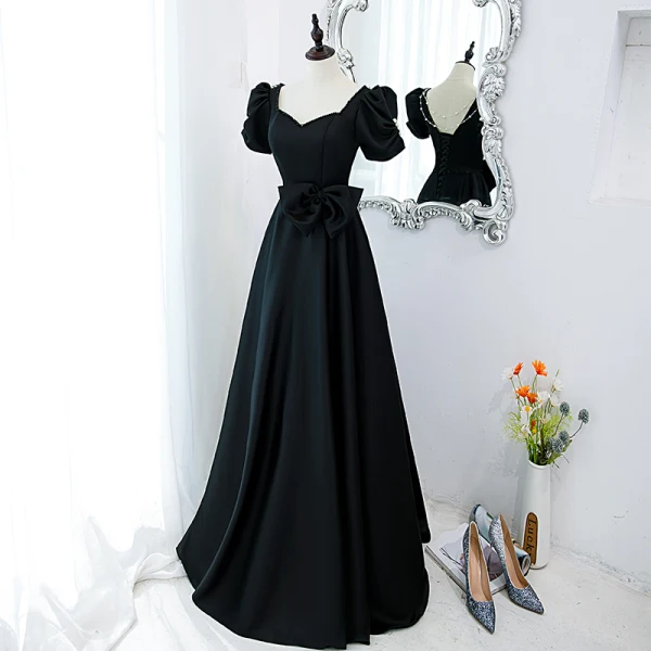 Elegant Black Prom Dresses 2022 A-Line / Princess Square Neckline Puffy Short Sleeve Bow Backless Floor-Length / Long Formal Dresses