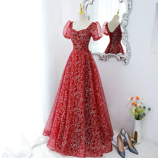 Chic / Belle Bordeaux Glitter Paillettes Robe De Bal 2022 Princesse Encolure Carrée Gonflée Manches Courtes Dos Nu Longue Robe De Ceremonie