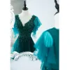 Vintage / Retro Jade Green Prom Dresses 2022 A-Line / Princess V-Neck Beading Rhinestone Sequins Short Sleeve Backless Floor-Length / Long Formal Dresses