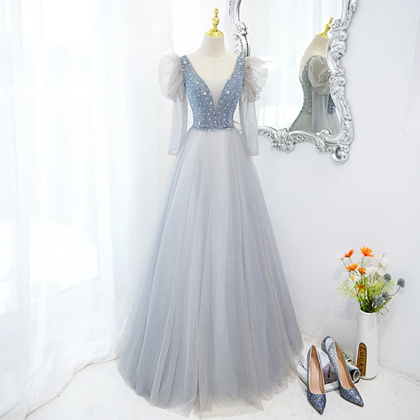 Chic / Beautiful Sky Blue Prom Dresses 2022 A-Line / Princess V-Neck Puffy Short Sleeve Backless Beading Rhinestone Sequins Floor-Length / Long Formal Dresses