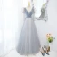 Chic / Beautiful Sky Blue Prom Dresses 2022 A-Line / Princess V-Neck Puffy Short Sleeve Backless Beading Rhinestone Sequins Floor-Length / Long Formal Dresses