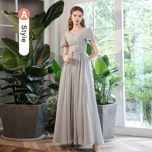 Modest / Simple Grey Bridesmaid Dresses 2022 A-Line / Princess Short Sleeve Backless Floor-Length / Long Bridesmaid Dresses
