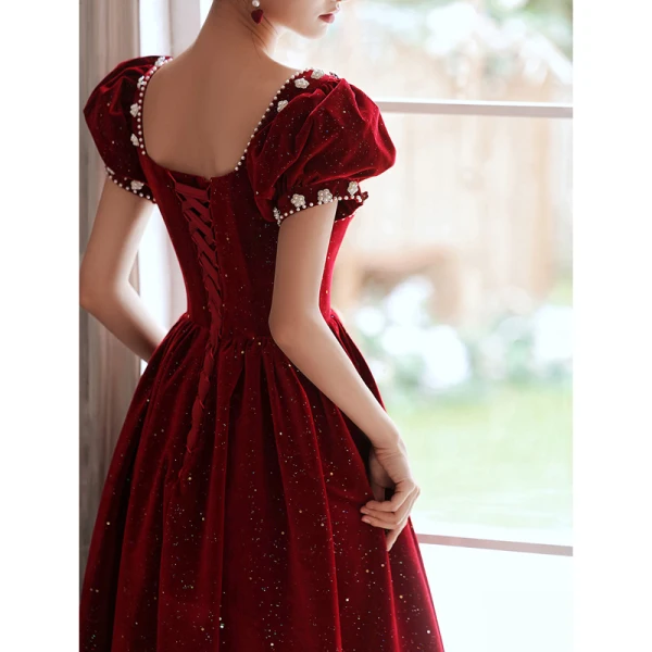 Elegant Burgundy Suede Prom Dresses 2022 A-Line / Princess Square Neckline Puffy Short Sleeve Backless Pearl Sequins Floor-Length / Long Formal Dresses
