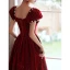 Elegant Burgundy Suede Prom Dresses 2022 A-Line / Princess Square Neckline Puffy Short Sleeve Backless Pearl Sequins Floor-Length / Long Formal Dresses