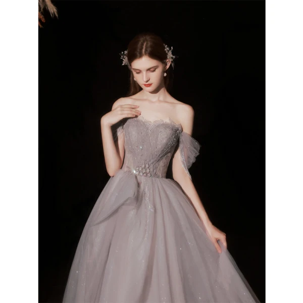 Flotte Grå Gallakjoler 2022 Prinsesse Off-The-Shoulder Beading Rhinestone Pailletter Ærmeløs Halterneck Lange Kjoler
