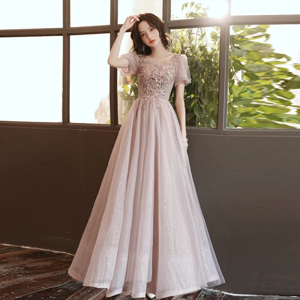 Chic / Belle Champagne Perlage Paillettes Robe De Bal 2022 Princesse Encolure Carrée Manches Courtes Dos Nu Longue Robe De Ceremonie