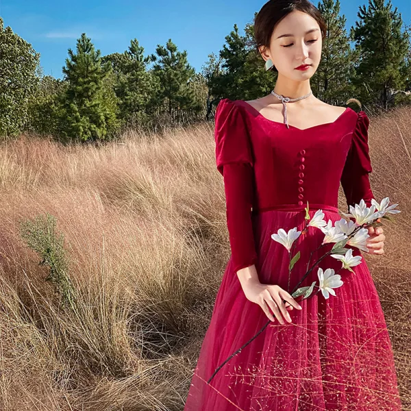 Chic / Beautiful Burgundy Winter Velour Prom Dresses 2022 A-Line / Princess Square Neckline Long Sleeve Backless Floor-Length / Long Prom Formal Dresses