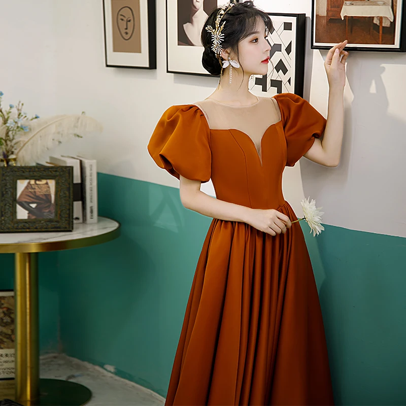 Elegant Orange Satin Prom Dresses 2022 A-Line Princess Scoop Neck Puffy Short Sleeve Elegant Orange Satin Prom Dresses 2022 A-Line Princess Scoop Neck Puffy Short Sleeve