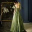 Elegant Olive Green Satin Prom Dresses 2022 A-Line / Princess Scoop Neck Puffy Short Sleeve Floor-Length / Long Formal Dresses