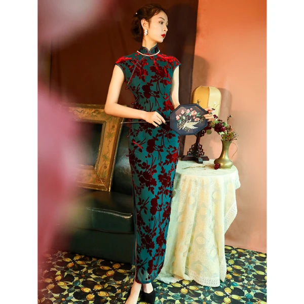 Vintage / Retro Ink Blue Velour Suede Cheongsam 2022 Trumpet / Mermaid High Neck Sleeveless Split Front Tea-length Evening Party Cheongsam / Qipao