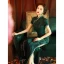Vintage / Retro Cheongsam 2022 Trumpet / Mermaid High Neck Short Sleeve Split Front Tea-length Evening Party Cheongsam / Qipao Dark Green
