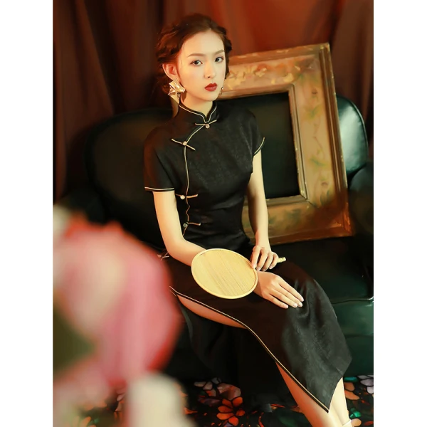Vintage / Retro Black Evening Party Cheongsam 2022 Trumpet / Mermaid High Neck Short Sleeve Split Front Tea-length Cheongsam / Qipao