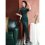 Vintage / Retro Dark Green Split Front Cheongsam 2022 Trumpet / Mermaid High Neck Short Sleeve Tea-length Evening Party Cheongsam / Qipao
