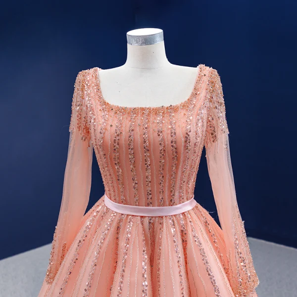 High End Pink Ballkleider 2022 A Linie Eckiger Ausschnitt Perlenstickerei Strass Pailletten Lange Ärmel Rückenfreies Lange Festliche Kleider