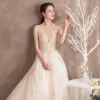 Luxury / Gorgeous Ivory See-through Wedding Dresses 2018 A-Line / Princess Scoop Neck Sleeveless Backless Gold Appliques Lace Ruffle Royal Train